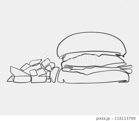 A black and white drawing of a hamburger on a white background 118113789