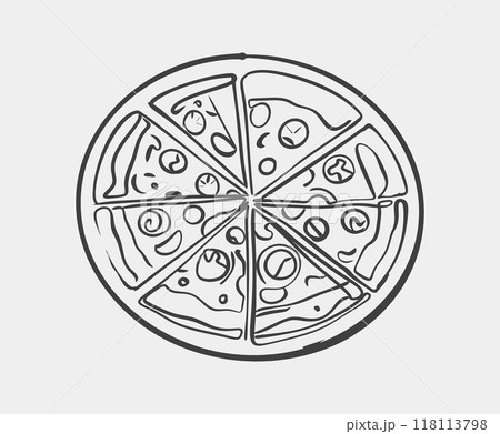 A black and white drawing of a pizza with slices missing 118113798