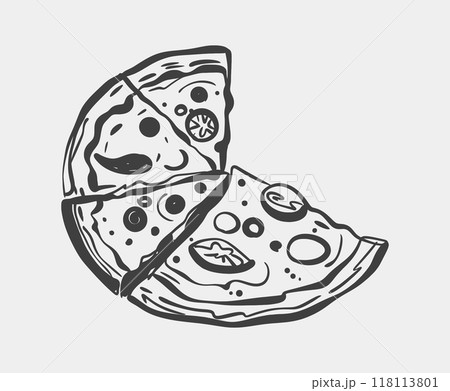 A black and white drawing of a pizza with slices missing 118113801
