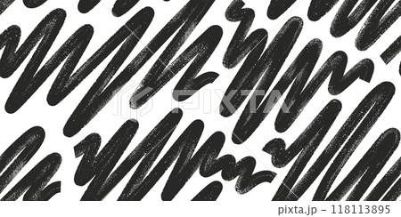 Abstract geometric monochrome ink brush lines, srtokes vector seamless pattern. Black grunge wavy organic bold line banner, background. Abstract geometric monochrome ink brush lines, srtokes vector seamless pattern. Black grunge wavy organic bold line banner, background. 118113895