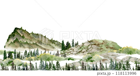 Scenery landscape mountains fields hills pasture land alpine vista, coniferous forest fir spruce trees hand drawn in watercolor. Seamless banner. Tourism, resort ads, hiking camping sites, vacation. Scenery landscape mountains fields hills pasture land alpine vista, coniferous forest fir spruce trees hand drawn in watercolor. Seamless banner. Tourism, resort ads, hiking camping sites, vacation. 118113996