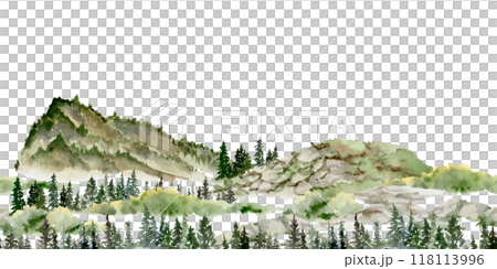 Scenery landscape mountains fields hills pasture land alpine vista, coniferous forest fir spruce trees hand drawn in watercolor. Seamless banner. Tourism, resort ads, hiking camping sites, vacation. Scenery landscape mountains fields hills pasture land alpine vista, coniferous forest fir spruce trees hand drawn in watercolor. Seamless banner. Tourism, resort ads, hiking camping sites, vacation. 118113996