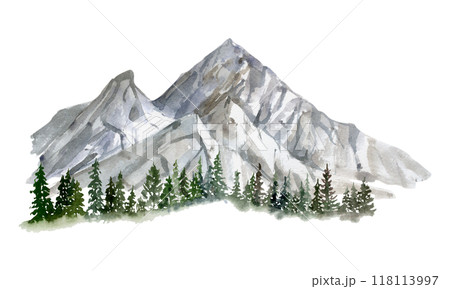 Scenery landscape of mountain range with snowy peaks, cliffs. coniferous forest pine trees, alpine vista hand drawn in watercolor. Illustration for tourism, resort ads, hiking camping sites vacation. 118113997