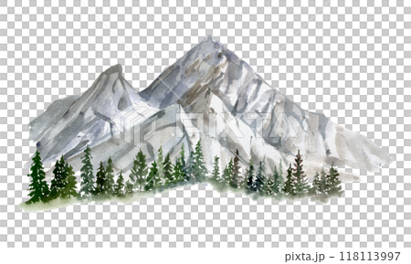 Scenery landscape of mountain range with snowy peaks, cliffs. coniferous forest pine trees, alpine vista hand drawn in watercolor. Illustration for tourism, resort ads, hiking camping sites vacation. Scenery landscape of mountain range with snowy peaks, cliffs. coniferous forest pine trees, alpine vista hand drawn in watercolor. Illustration for tourism, resort ads, hiking camping sites vacation. 118113997