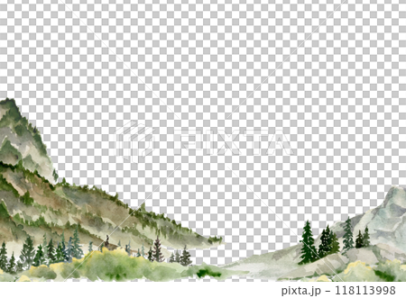 Scenery landscape coniferous forest fir spruce trees, mountains fields hills land alpine vista, hand drawn in watercolor. Horizontal frame for tourism, resort ads, hiking camping sites, vacation. Scenery landscape coniferous forest fir spruce trees, mountains fields hills land alpine vista, hand drawn in watercolor. Horizontal frame for tourism, resort ads, hiking camping sites, vacation. 118113998