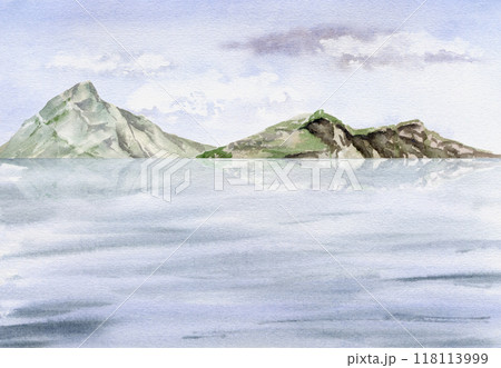 Scenery landscape cloudy blue sky, water surface with waves, mountains on horizon, sea lake ocean, watercolor hand drawn. Illustration for tourism, resort ads, hiking camping sites vacation, postcard. 118113999