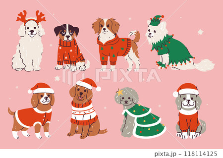 Set of cute fashionable dogs in Christmas outfits. Vector graphics. 118114125