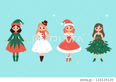 Set of cute girls in Christmas outfits. Vector graphics 118114129