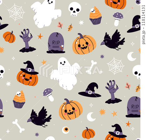 Seamless pattern with cute Halloween items. Vector graphics. 118114131