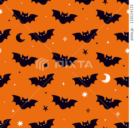 Seamless pattern with bats on an orange background. Vector graphics. 118114132