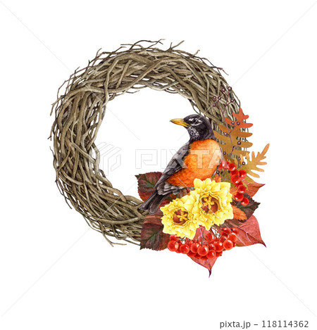 Autumn season wreath decor with garden bird, fallen leaves, rowanberry. Watercolor illustration. Vintage style fall season wreath in warm colors. Robin bird, leaves, rowan berries element isolated 118114362