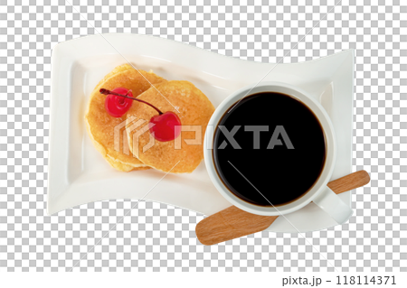 coffee cup with pancakes and cherry isolated 118114371