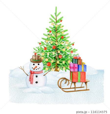 Cute snowman under Christmas tree with sled full of gift boxes. Winter season festive scene. Vintage style illustration. Winter time decor with fir tree, sleigh, snowman, snowdrifts on snowy ground 118114375