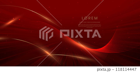 Abstract elegant red background with golden curved lines and lighting effect sparkle. Luxury template award design. 118114447