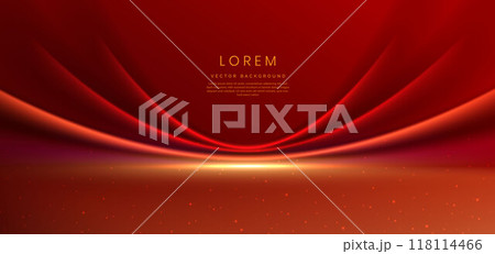 Elegant red stage with red curved shape lighting effect and sparkle. Template premium award design. Elegant red stage with red curved shape lighting effect and sparkle. Template premium award design. 118114466
