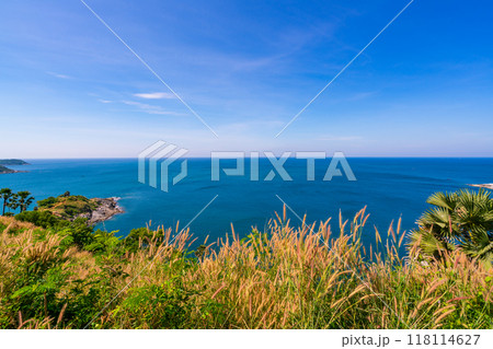 Laem promthep cape with coconut palm trees and grass in the foreground beautiful scenery andaman sea in summer season Phuket thailand Beautiful travel background Laem promthep cape with coconut palm trees and grass in the foreground beautiful scenery andaman sea in summer season Phuket thailand Beautiful travel background 118114627