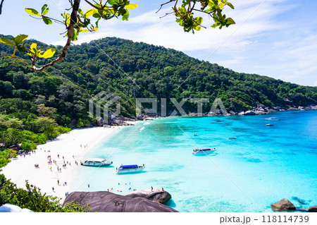 Beautiful seashore with wave crashing on sandy shore at Similan Islands Beautiful tropical sea Similan island No.8 at Similan national park, Phang nga Thailand Beautiful seashore with wave crashing on sandy shore at Similan Islands Beautiful tropical sea Similan island No.8 at Similan national park, Phang nga Thailand 118114739