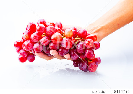 Hand holding fresh red bunch of grapes isolated on white background Hand holding fresh red bunch of grapes isolated on white background 118114750