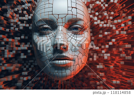 woman's face with 3D cubes and particles in space as symbol of augmented reality and computer technologies of future, close-up portrait, concept of cybernetics, biomechanics and robotics 118114858