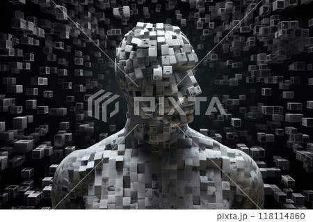 a robot with human body made of disintegrating squares and cubes, standing in front of a digital background with abstract particles in space, cybernetics, computer rendering 118114860