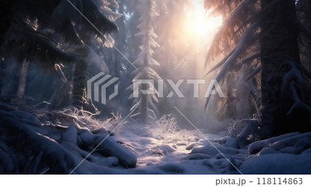 beautiful winter landscape, snow covered glade in a forest with morning light, beautiful nature 118114863
