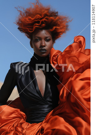 portrait of a beautiful Afro girl, with red hair, in fashionable black clothes, with red fabric, the concept of luxury, style and glamour 118114907