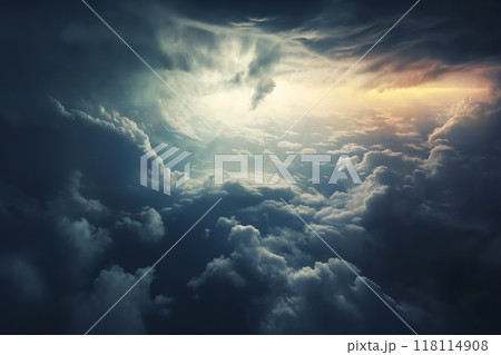 beautiful stormy sky with dark cumulus clouds aerial view for abstract background 118114908