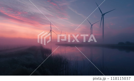Windmill park in the Netherlands at dawn, soft morning light over landscape, tall and majestic turbines evoking calm and renewable energy potential. Windmill park clean energy nehterlands 118115037