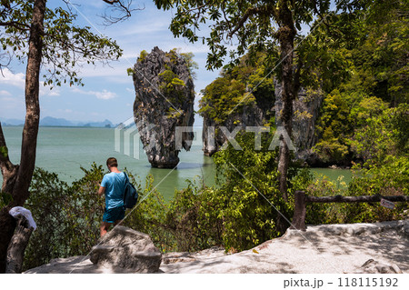 female traveller at top viewpoint of James Bond island, Phang Nga 118115192