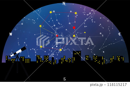冬の星座　ビル群と冬の大三角形と冬のダイヤモンド 118115217