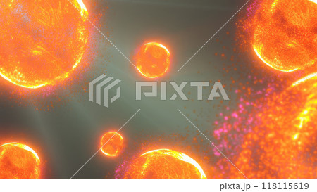 A vibrant depiction of floating orange spheres in a cosmic environment, resembling microscopic particles or cells in a glowing, ethereal space A vibrant depiction of floating orange spheres in a cosmic environment, resembling microscopic particles or cells in a glowing, ethereal space 118115619
