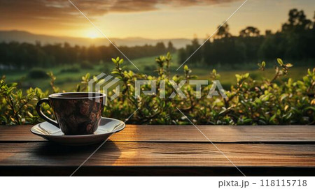 A cup of delicious coffee on a wooden table against the backdrop of nature at sunset 118115718
