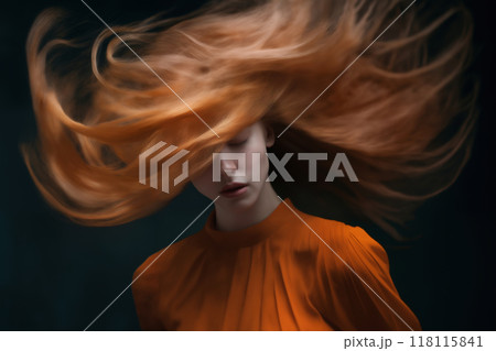 portrait of a young beautiful woman with long red hair, close-up face, on a dark background, studio beauty photo, style and fashion portrait of a young beautiful woman with long red hair, close-up face, on a dark background, studio beauty photo, style and fashion 118115841