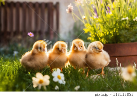 Portrait of small baby chickens on a green grass in the courtyard, bright sunny day, on a ranch in the village, rural surroundings on the background of spring nature 118115853