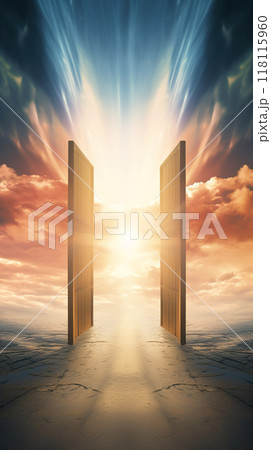 open door to heaven or paradise, new life or changes and opportunity concept, doorway to freedom 118115960