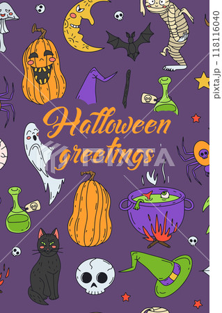 Card or poster with cute Halloween illustration with pumpkins and witchy elements 118116040