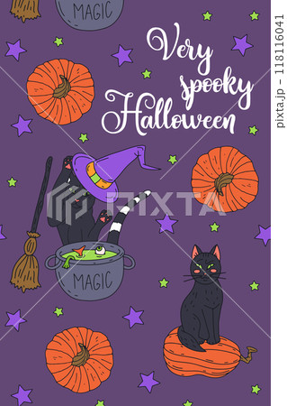 Card or poster with cute Halloween illustration with black witchy cats and pumpkins Card or poster with cute Halloween illustration with black witchy cats and pumpkins 118116041