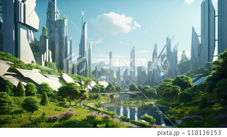 futuristic eco green city skyline with skyscrapers and gardens, future architecture 118116153