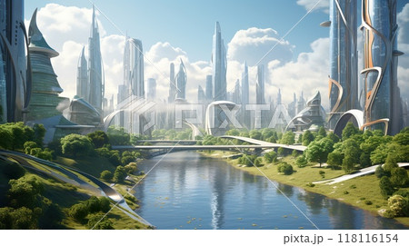 futuristic eco green city skyline with skyscrapers and gardens, future architecture 118116154
