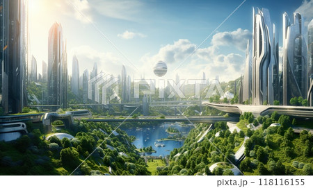 futuristic eco green city skyline with skyscrapers and gardens, future architecture 118116155