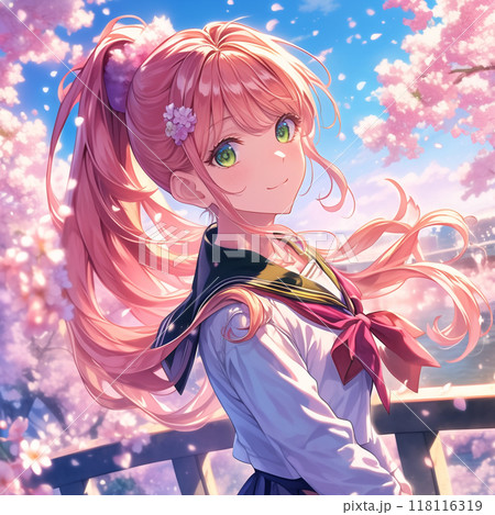 可愛い女の子と桜の花の背景 118116319