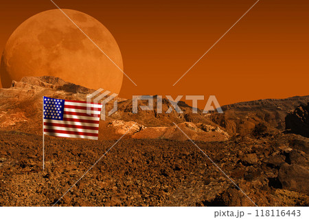 Red Mars landscape. Planet surface with US flag 118116443