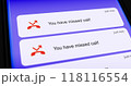 List of missed calls on smartphone screen, unanswered or dropped call scrolling notifications 118116554