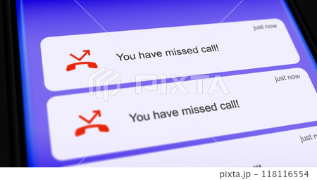 List of missed calls on smartphone screen, unanswered or dropped call scrolling notifications 118116554