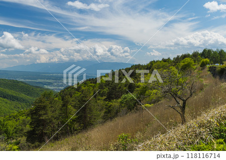 日本　長野県茅野市のビーナスライン沿いにある白樺湖展望台から見える風景 118116714