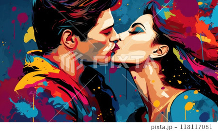 romantic kiss between man and woman colorful illustration 118117081