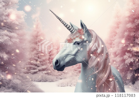 magic unicorn on snowy glitter winter day 118117083