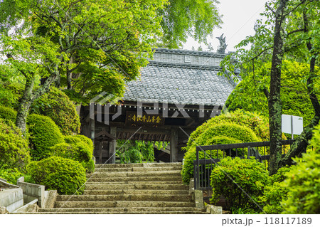日本　長野県松本市にある牛伏寺の山門へと向かう参道 118117189
