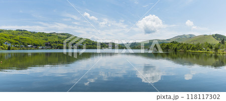 日本 長野県北佐久郡立科町にある白樺湖と新緑に囲まれた湖畔の風景 日本 長野県北佐久郡立科町にある白樺湖と新緑に囲まれた湖畔の風景 118117302