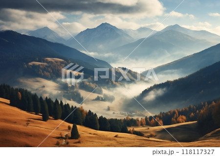a beautiful landscape with mountains at sunset, sunlight in a dramatic sky with clouds, beautiful nature 118117327